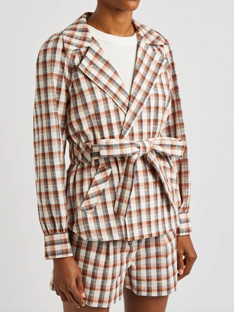 $698 Veronica Beard Red Black Lin Plaid Check Belted Jacket Size Small